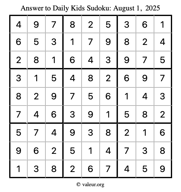 Answer to kids sudoku August 1, 2025