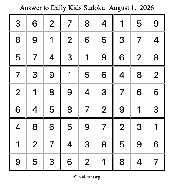 Answer to kids sudoku August 1, 2026