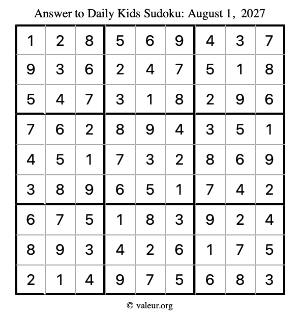 Answer to kids sudoku August 1, 2027