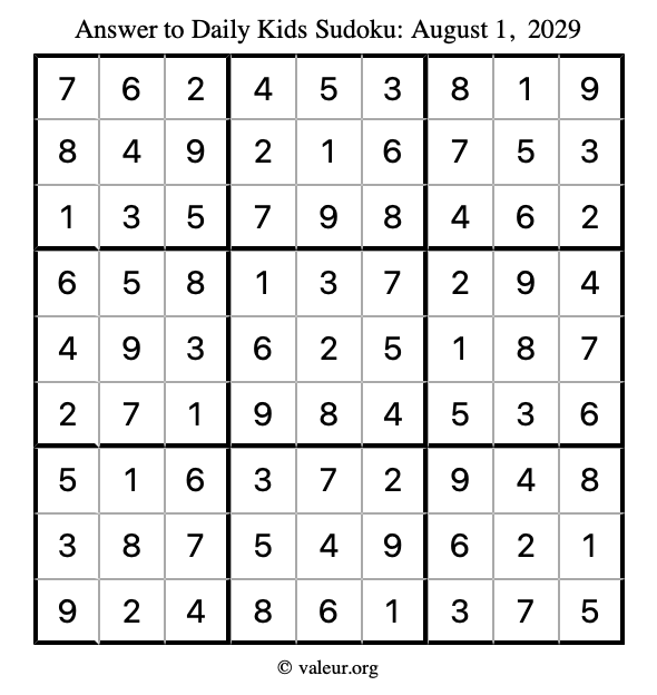 Answer to kids sudoku August 1, 2029