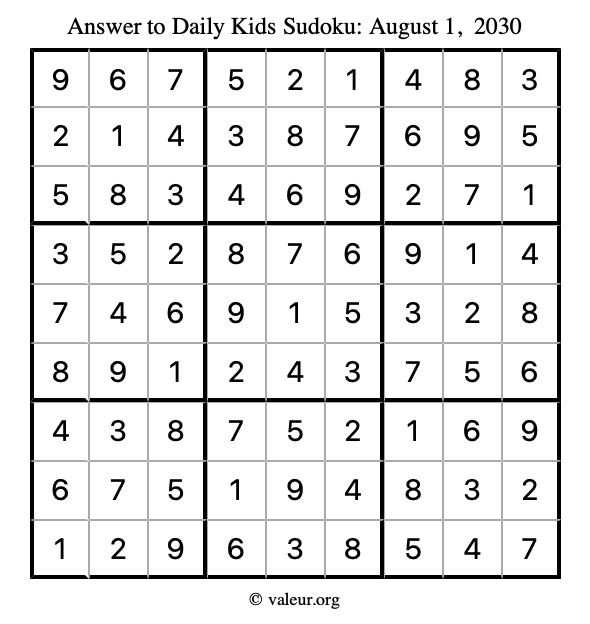 Answer to kids sudoku August 1, 2030