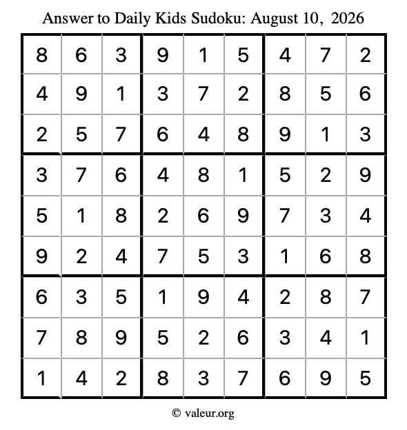 Answer to kids sudoku August 10, 2026