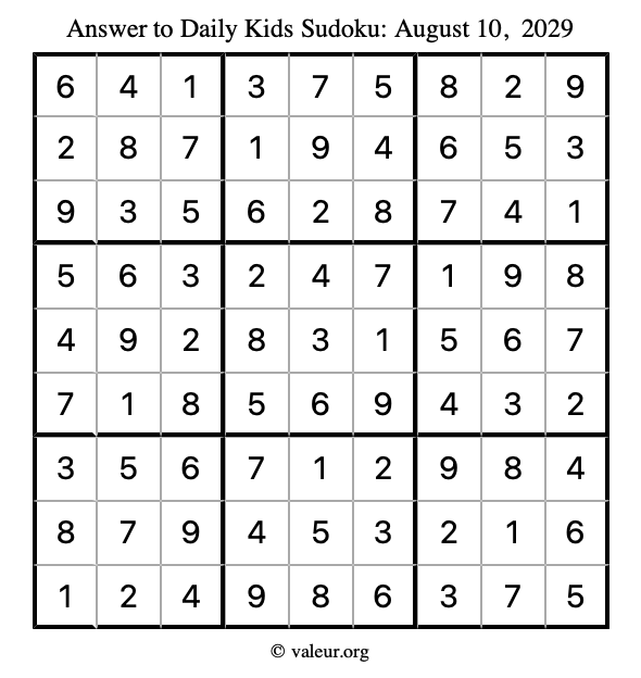 Answer to kids sudoku August 10, 2029