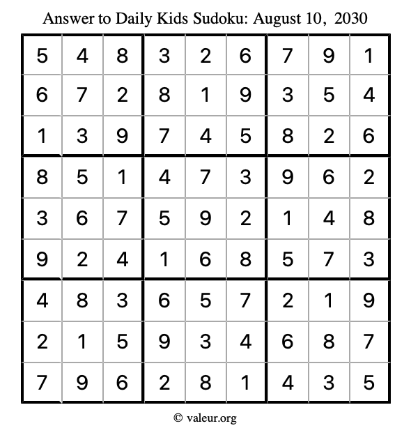 Answer to kids sudoku August 10, 2030