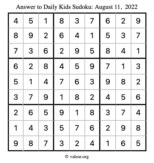 Answer to kids sudoku August 11, 2022