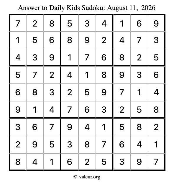 Answer to kids sudoku August 11, 2026