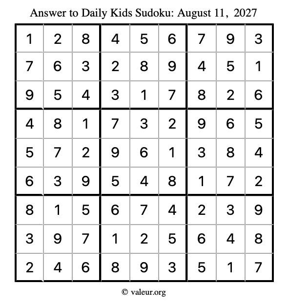 Answer to kids sudoku August 11, 2027
