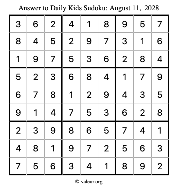 Answer to kids sudoku August 11, 2028