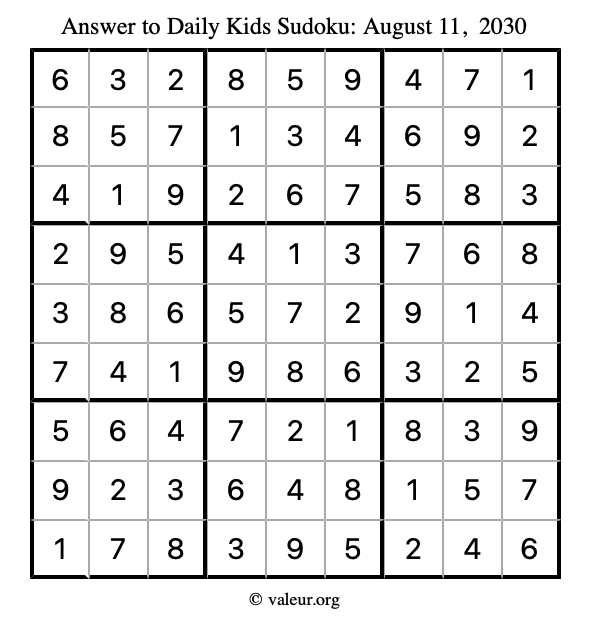 Answer to kids sudoku August 11, 2030
