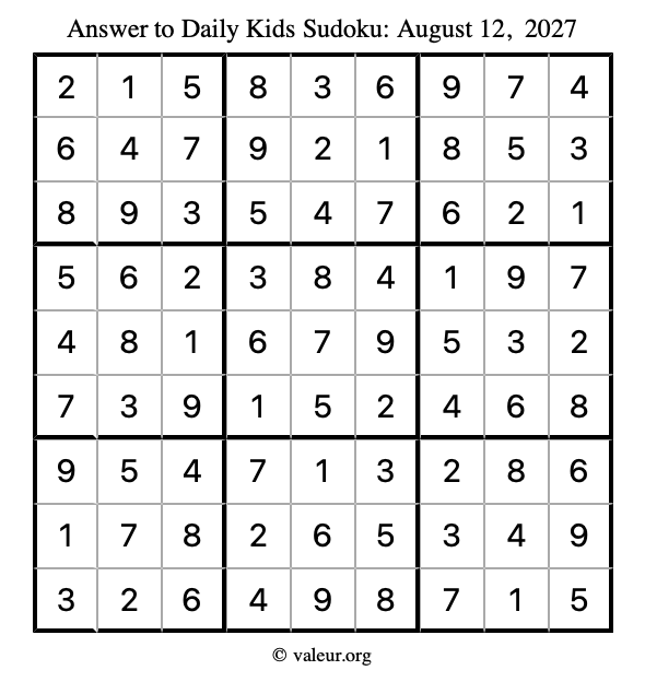 Answer to kids sudoku August 12, 2027
