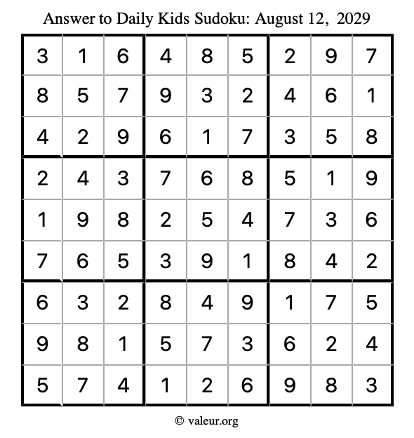 Answer to kids sudoku August 12, 2029