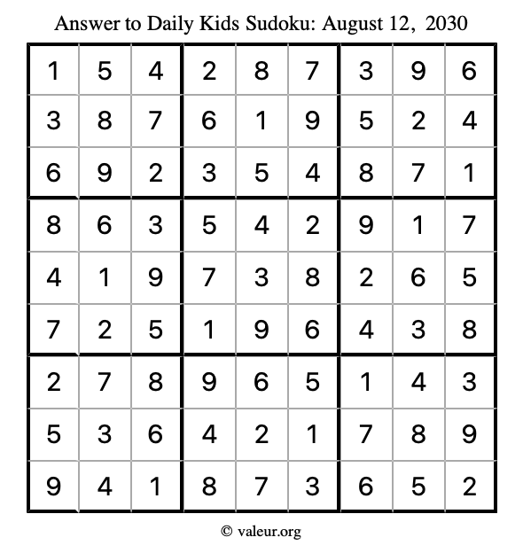 Answer to kids sudoku August 12, 2030