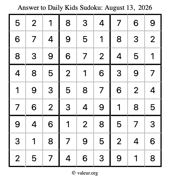 Answer to kids sudoku August 13, 2026