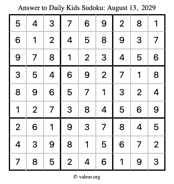 Answer to kids sudoku August 13, 2029