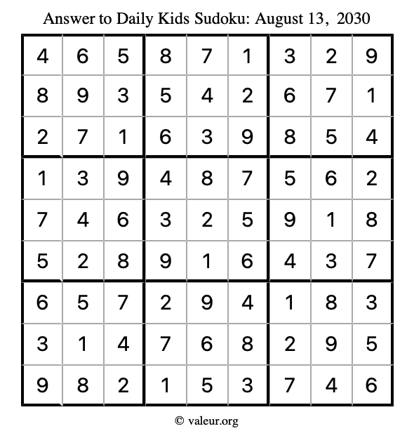Answer to kids sudoku August 13, 2030
