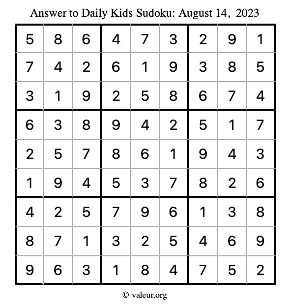 Answer to kids sudoku August 14, 2023