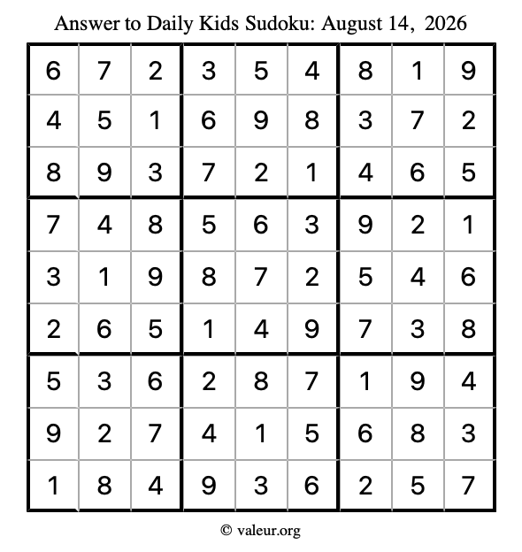 Answer to kids sudoku August 14, 2026
