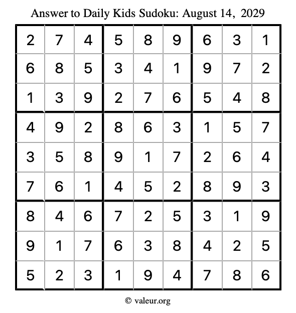 Answer to kids sudoku August 14, 2029