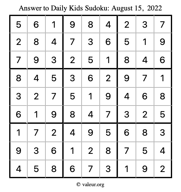 Answer to kids sudoku August 15, 2022