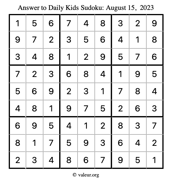 Answer to kids sudoku August 15, 2023