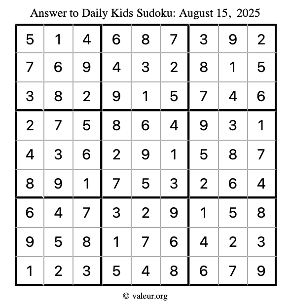 Answer to kids sudoku August 15, 2025