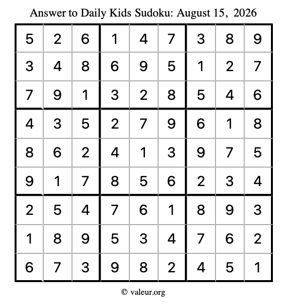 Answer to kids sudoku August 15, 2026