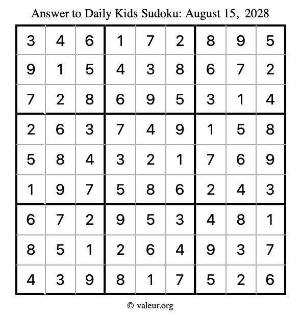 Answer to kids sudoku August 15, 2028