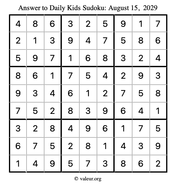 Answer to kids sudoku August 15, 2029