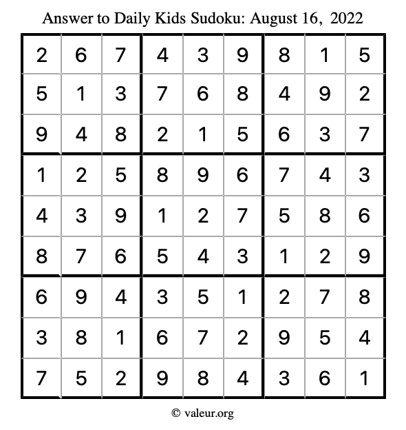 Answer to kids sudoku August 16, 2022
