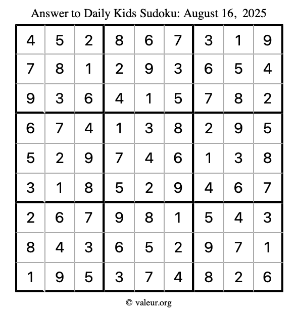 Answer to kids sudoku August 16, 2025