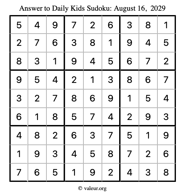 Answer to kids sudoku August 16, 2029