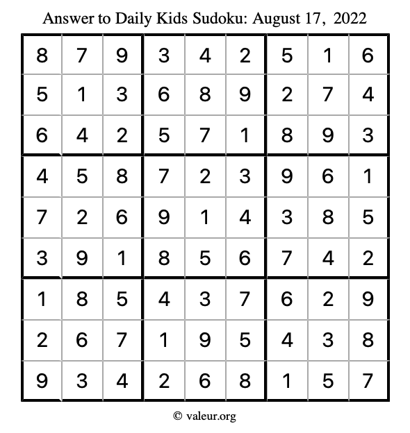 Answer to kids sudoku August 17, 2022