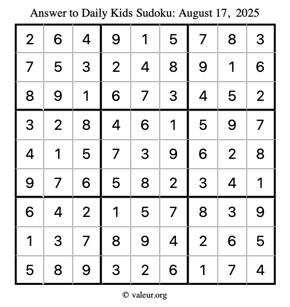 Answer to kids sudoku August 17, 2025