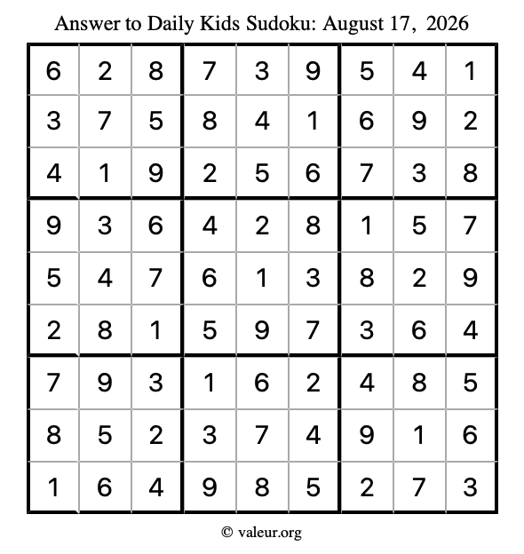 Answer to kids sudoku August 17, 2026