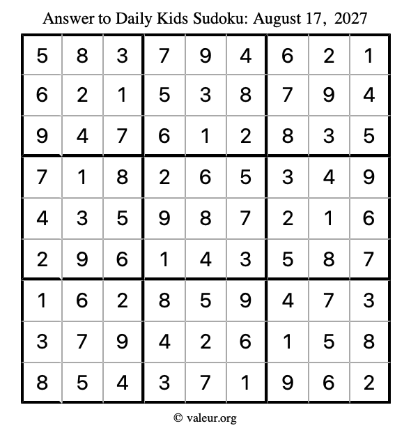 Answer to kids sudoku August 17, 2027
