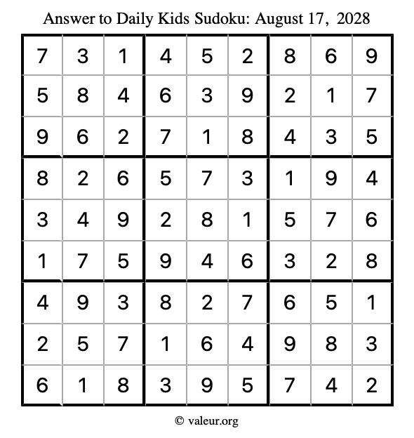 Answer to kids sudoku August 17, 2028