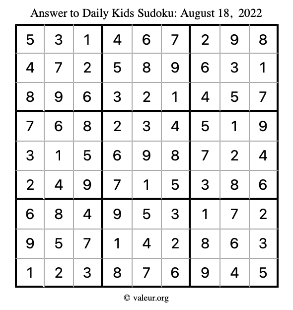 Answer to kids sudoku August 18, 2022