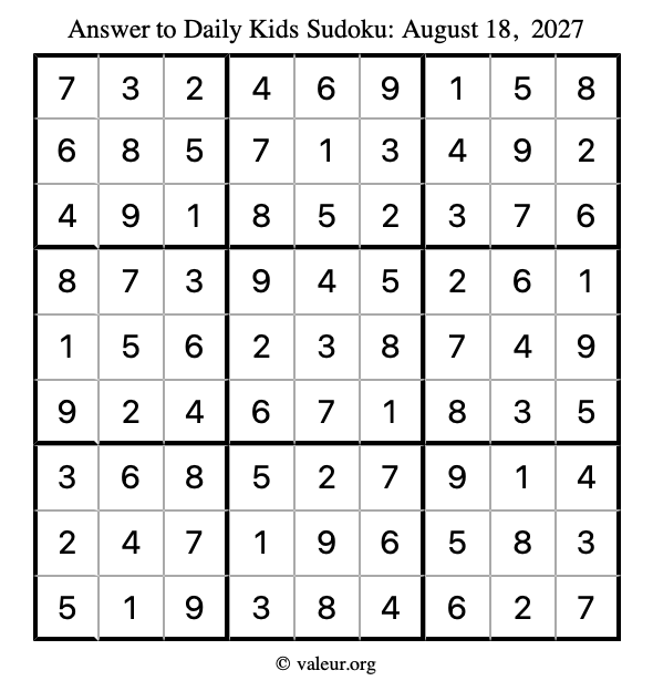 Answer to kids sudoku August 18, 2027