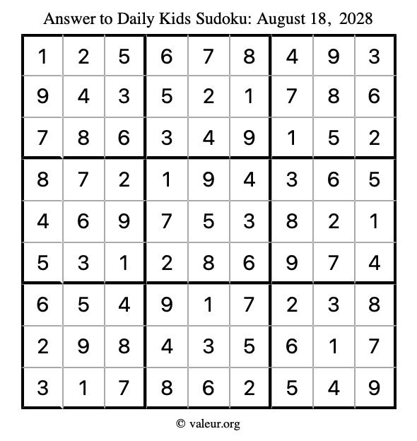 Answer to kids sudoku August 18, 2028