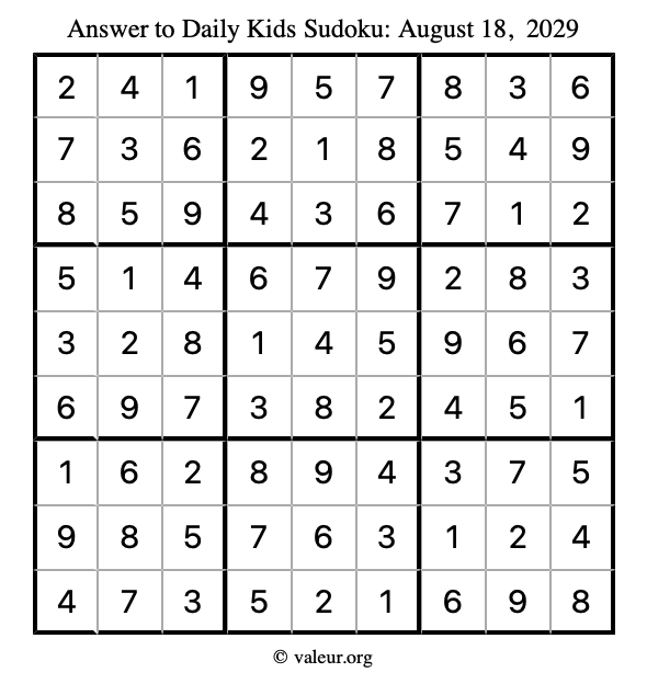 Answer to kids sudoku August 18, 2029