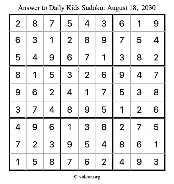 Answer to kids sudoku August 18, 2030