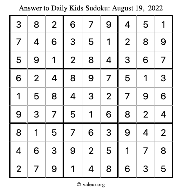 Answer to kids sudoku August 19, 2022