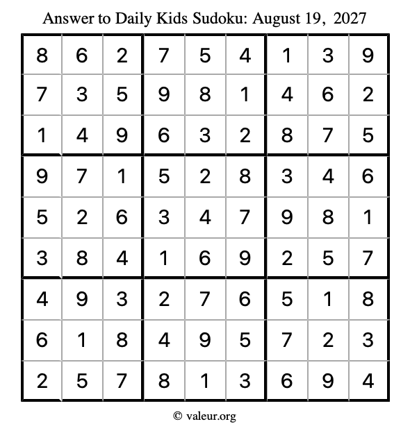 Answer to kids sudoku August 19, 2027