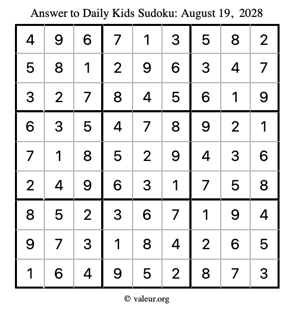Answer to kids sudoku August 19, 2028