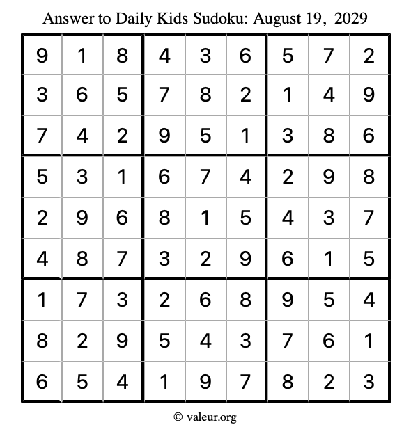 Answer to kids sudoku August 19, 2029