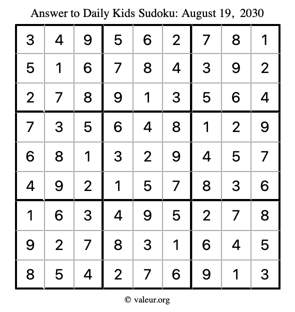 Answer to kids sudoku August 19, 2030