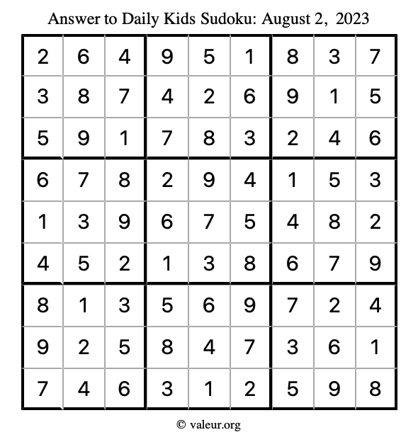 Answer to kids sudoku August 2, 2023