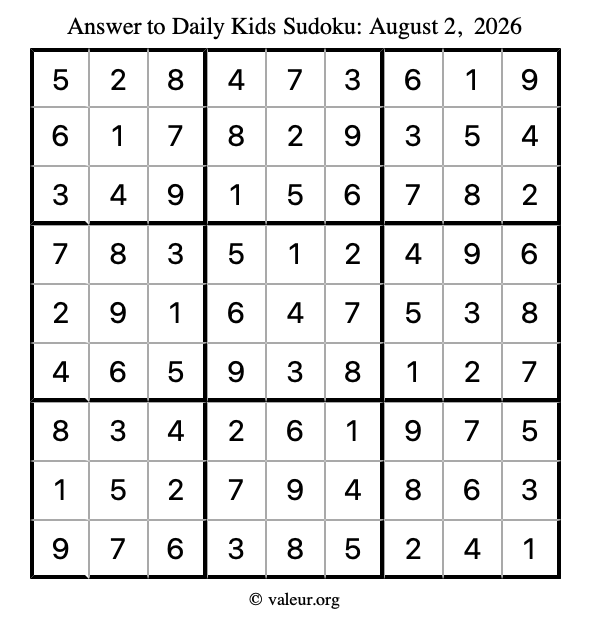 Answer to kids sudoku August 2, 2026