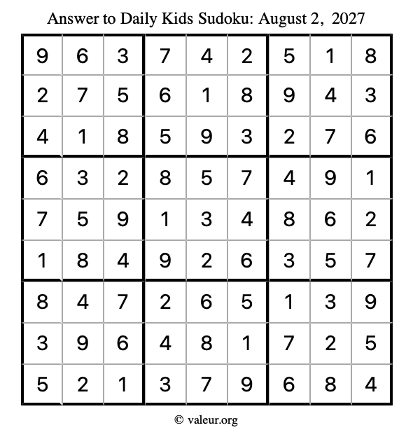 Answer to kids sudoku August 2, 2027