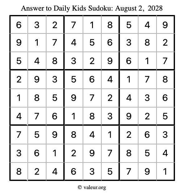 Answer to kids sudoku August 2, 2028